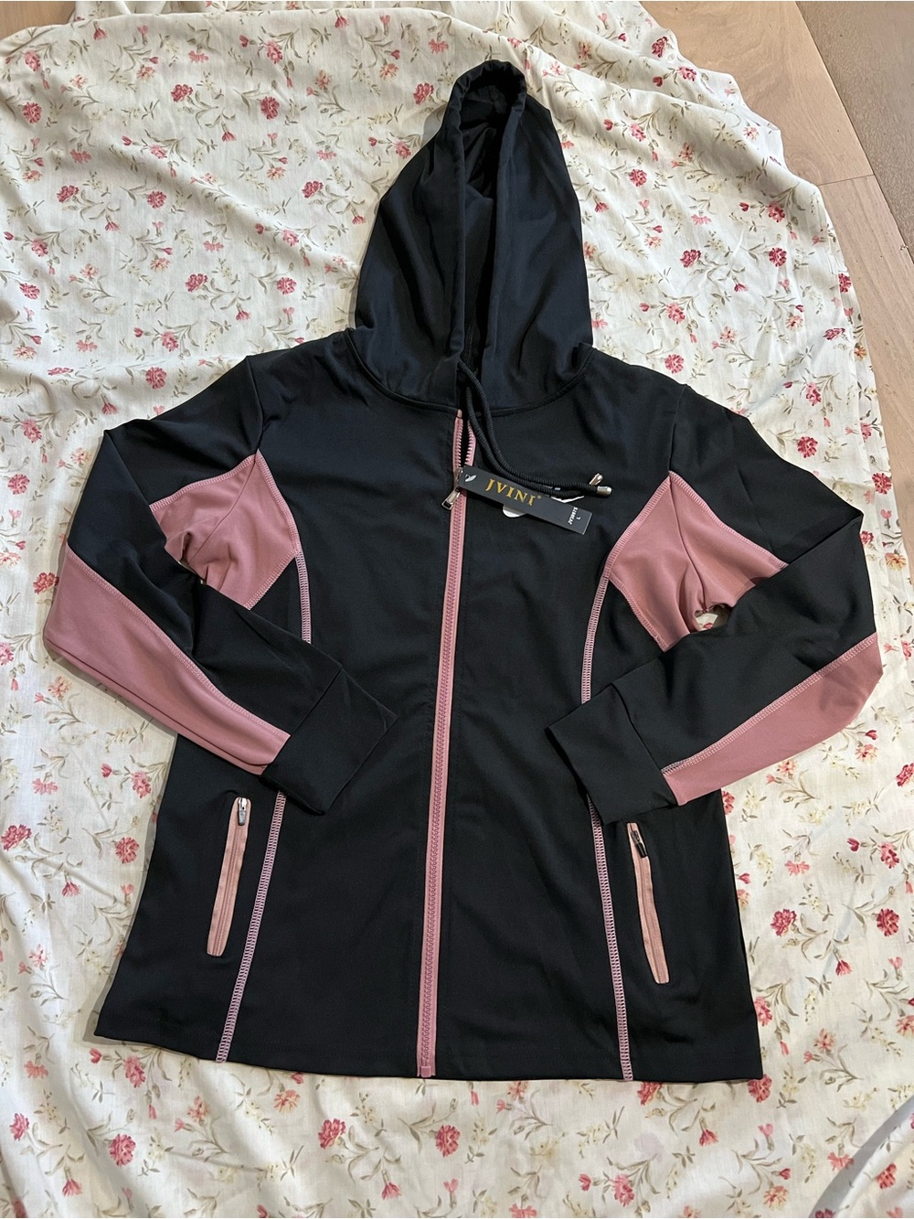 JVINI  Black Hoodie Jacket with Dusty Rose Accentst for Women size L